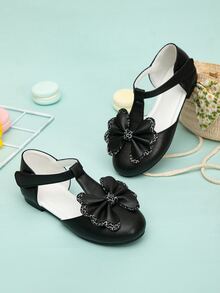 Girls Bow Decor Ankle Strap Flats - Black - View 3