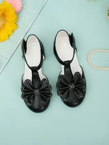 Girls Bow Decor Ankle Strap Flats - Black - View 4