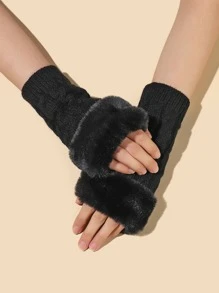 Fluffy Trim Fingerless Gloves - Black - View 1