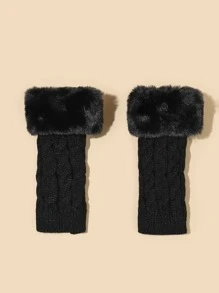 Fluffy Trim Fingerless Gloves - Black - View 2