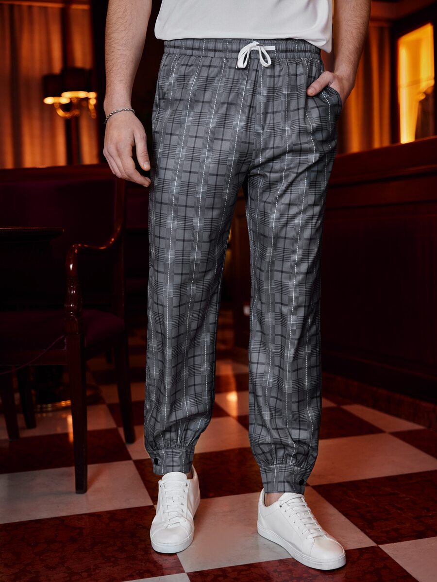 Manfinity Men Plaid Drawstring Waist Trousers - Dark Grey - View 1