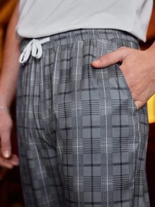 Manfinity Men Plaid Drawstring Waist Trousers - Dark Grey - View 4