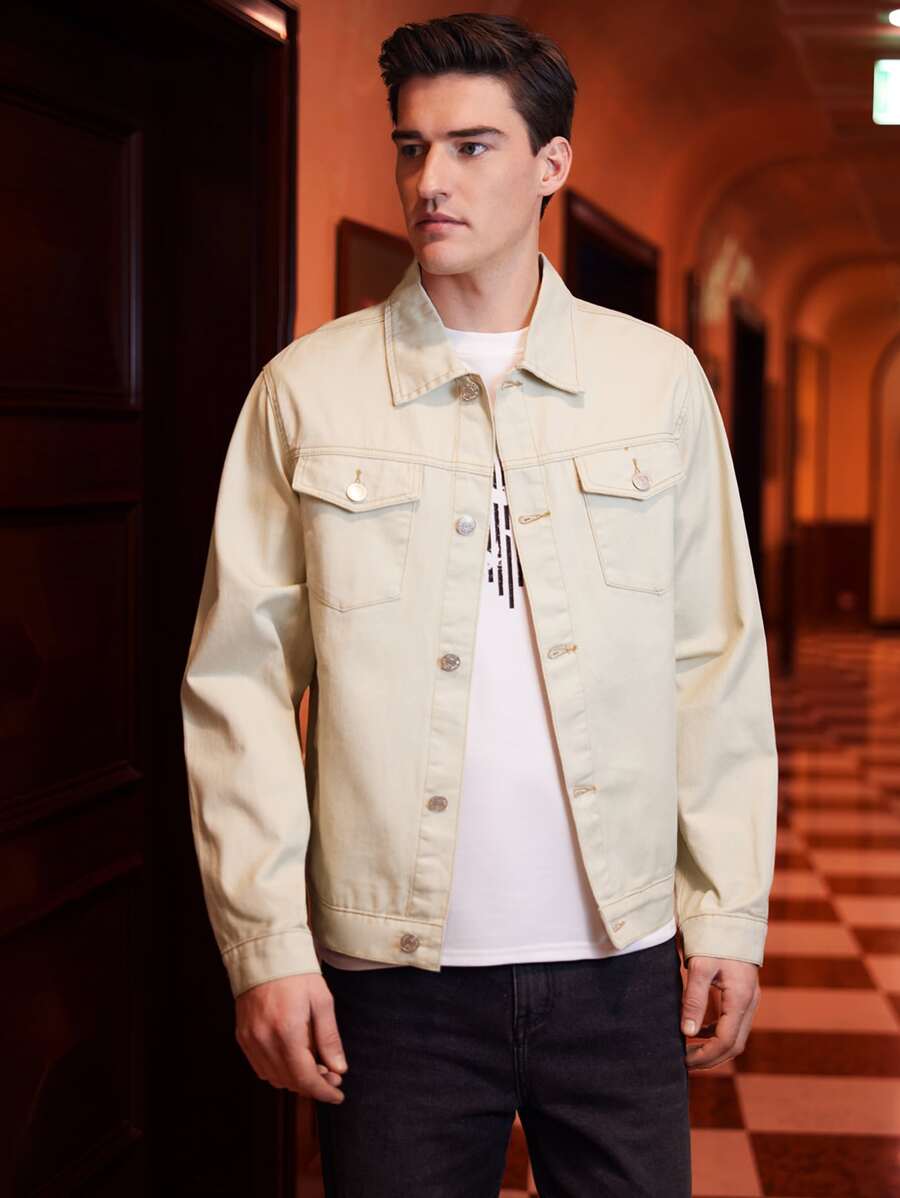 Manfinity Men Flap Pocket Button Front Denim Jacket - Apricot - View 1