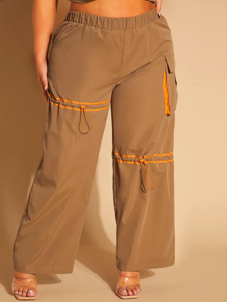 SHEIN SXY Plus Drawstring Detail Flap Pocket Side Cargo Trousers - Brown - View 1