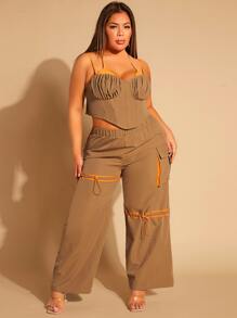 SHEIN SXY Plus Drawstring Detail Flap Pocket Side Cargo Trousers - Brown - View 3