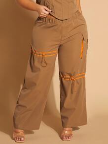 SHEIN SXY Plus Drawstring Detail Flap Pocket Side Cargo Trousers - Brown - View 4