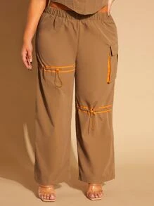 SHEIN SXY Plus Drawstring Detail Flap Pocket Side Cargo Trousers - Brown - View 5
