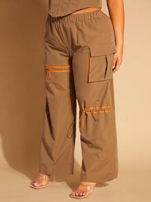 SHEIN SXY Plus Drawstring Detail Flap Pocket Side Cargo Trousers - Brown - View 6