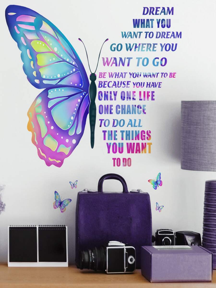 1 pieza Pegatina de pared con estampado de mariposa y slogan - Multicolor - Ver 1