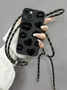 Heart Pattern Phone Case With Lanyard Compatible With IPhone 15/15Pro/15Plus/15Promax - Black - View 2