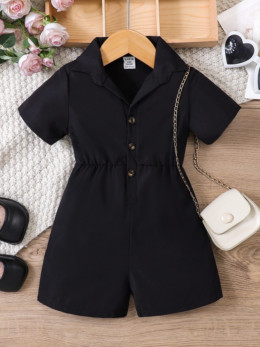 嬰兒前紐扣西裝領襯衫連體短褲 - 黑色 - 查看 1