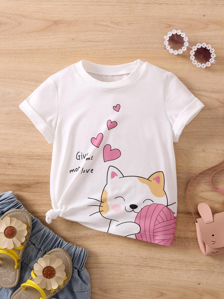 SHEIN 女小童白色愛心圖案卡通圖案休閒基本款T恤,圓領,短袖適合夏天 - 白色 - 查看 1