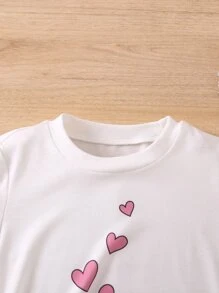 SHEIN 女小童白色愛心圖案卡通圖案休閒基本款T恤,圓領,短袖適合夏天 - 白色 - 查看 3