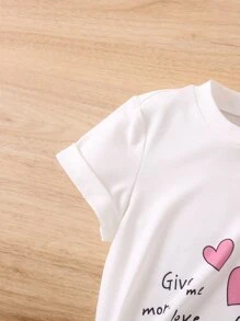 SHEIN 女小童白色愛心圖案卡通圖案休閒基本款T恤,圓領,短袖適合夏天 - 白色 - 查看 4