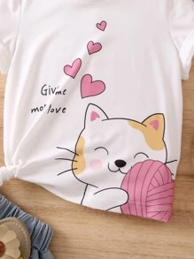 SHEIN 女小童白色愛心圖案卡通圖案休閒基本款T恤,圓領,短袖適合夏天 - 白色 - 查看 5