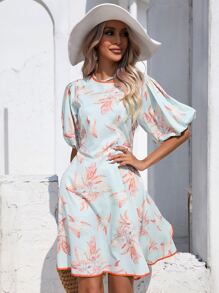 SHEIN VCAY Floral Print Contrast Binding Puff Sleeve Dress - Blue - View 1