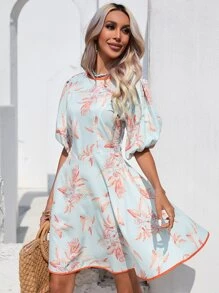 SHEIN VCAY Floral Print Contrast Binding Puff Sleeve Dress - Blue - View 5