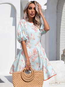 SHEIN VCAY Floral Print Contrast Binding Puff Sleeve Dress - Blue - View 6