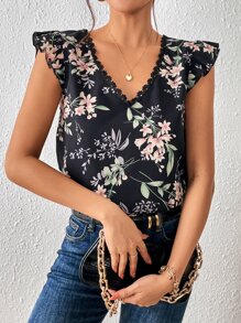 SHEIN Frenchy Blusa con estampado floral con encaje en contraste ribete con fruncido de manga mariposa - Negro - Ver 2