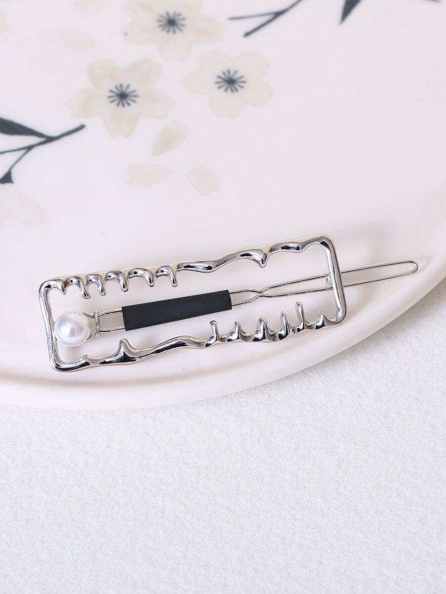 Faux Pearl Geo Decor Kẹp tóc tối giản - Bạc - Xem 1