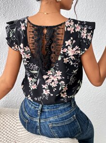 SHEIN Frenchy Blusa con estampado floral con encaje en contraste ribete con fruncido de manga mariposa - Negro - Ver 3