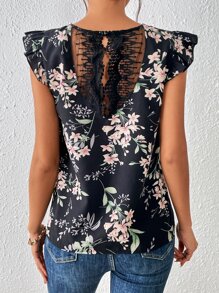 SHEIN Frenchy Blusa con estampado floral con encaje en contraste ribete con fruncido de manga mariposa - Negro - Ver 5