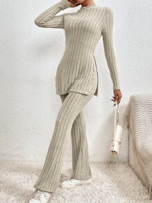 SHEIN Frenchy Chất vải Viền chia cắt Áo thun & Quần ống loe - Màu be - Xem 1