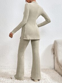 SHEIN Frenchy Chất vải Viền chia cắt Áo thun & Quần ống loe - Màu be - Xem 2