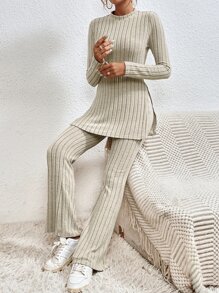 SHEIN Frenchy Chất vải Viền chia cắt Áo thun & Quần ống loe - Màu be - Xem 5