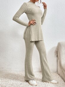 SHEIN Frenchy Chất vải Viền chia cắt Áo thun & Quần ống loe - Màu be - Xem 7