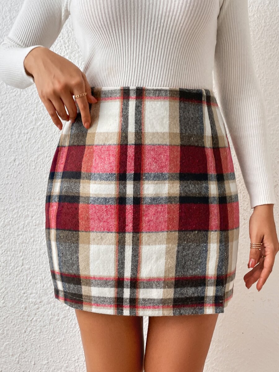 SHEIN Privé Plaid Print Split Hem Skirt - Red - View 1
