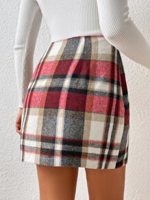 SHEIN Privé Plaid Print Split Hem Skirt - Red - View 2