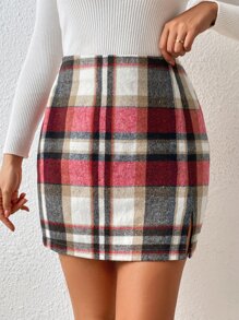 SHEIN Privé Plaid Print Split Hem Skirt - Red - View 3