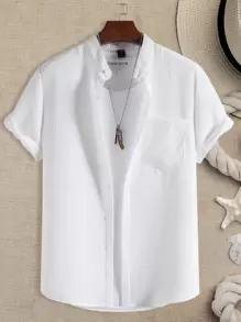 Manfinity Homme Men Solid Pocket Patched Shirt Without Tee, Slim Fit Short Sleeve Button Up Plain White Shirt - White - View 1