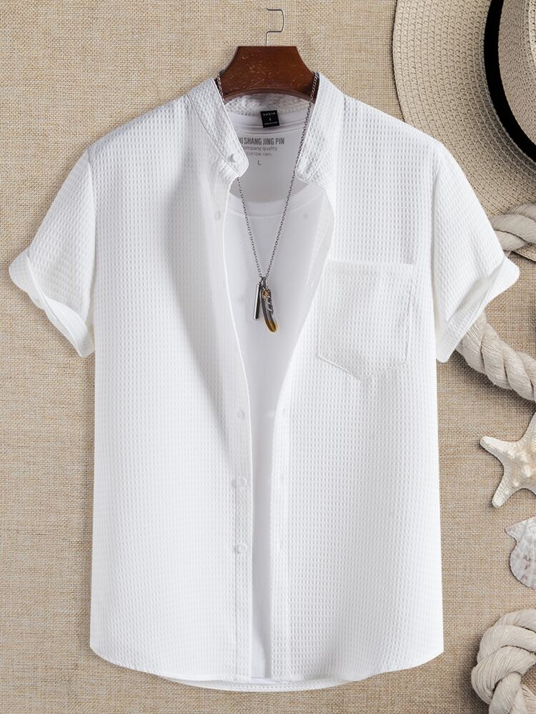 Men Solid Pocket Patched Shirt Without Tee, Slim Fit Short Sleeve Button Up Plain White Shirt