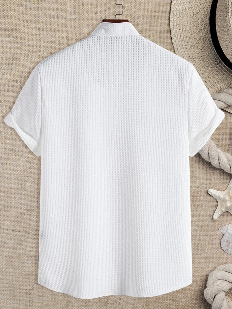 Men Solid Pocket Patched Shirt Without Tee, Slim Fit Short Sleeve Button Up Plain White Shirt