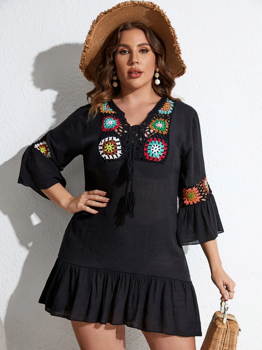 Plus Floral Crochet Insert Tassel Tie Front Ruffle Hem Cover Up Dress - Black - View 1