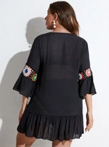 Plus Floral Crochet Insert Tassel Tie Front Ruffle Hem Cover Up Dress - Black - View 2