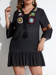 Plus Floral Crochet Insert Tassel Tie Front Ruffle Hem Cover Up Dress - Black - View 3