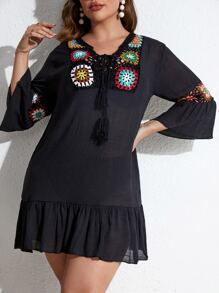 Plus Floral Crochet Insert Tassel Tie Front Ruffle Hem Cover Up Dress - Black - View 5