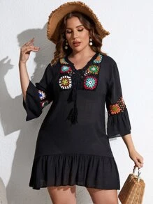 Plus Floral Crochet Insert Tassel Tie Front Ruffle Hem Cover Up Dress - Black - View 6