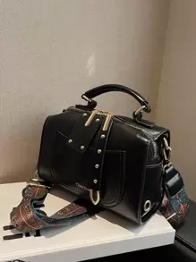 Mini Letter Print Studded Decor Bucket Bag - Black - View 1