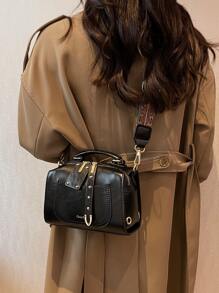 Mini Letter Print Studded Decor Bucket Bag - Black - View 2