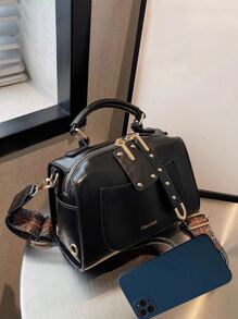 Mini Letter Print Studded Decor Bucket Bag - Black - View 3