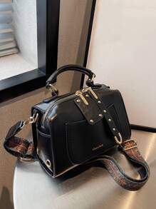 Mini Letter Print Studded Decor Bucket Bag - Black - View 4