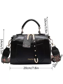 Mini Letter Print Studded Decor Bucket Bag - Black - View 5