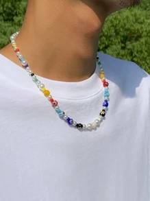 Men Flower Pattern Faux Pearl Decor Beaded Necklace - Multicolor - View 1
