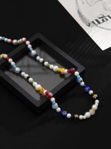 Men Flower Pattern Faux Pearl Decor Beaded Necklace - Multicolor - View 2