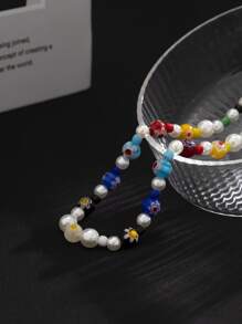 Men Flower Pattern Faux Pearl Decor Beaded Necklace - Multicolor - View 5