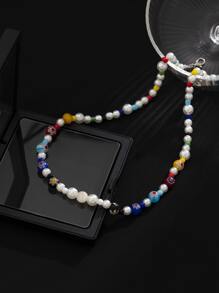 Men Flower Pattern Faux Pearl Decor Beaded Necklace - Multicolor - View 6
